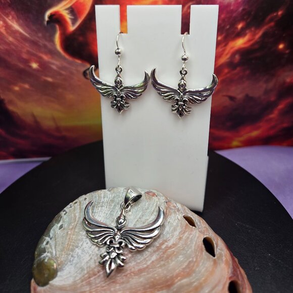 Phoenix with Fleur De Lis Sterling Silver Pendant and Earrings - Picture 4 of 10